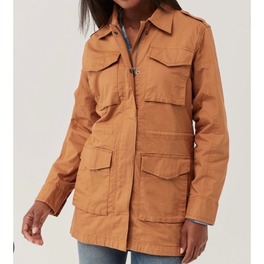 Pact Woven Twill Safari Jacket Camel Brown Chore Coat Cinched Waist Womens Small